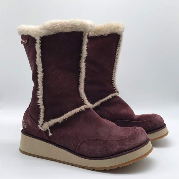 Y2k Roxy Idaho Maroon Leather Faux Fur Slip On Boots 2000's Women's Sz 8 Shoes - Picture 9 of 9